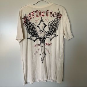 Vintage Y2K Affliction T Shirt 2xl White Worn Cross Live Fast Skull Made In USA